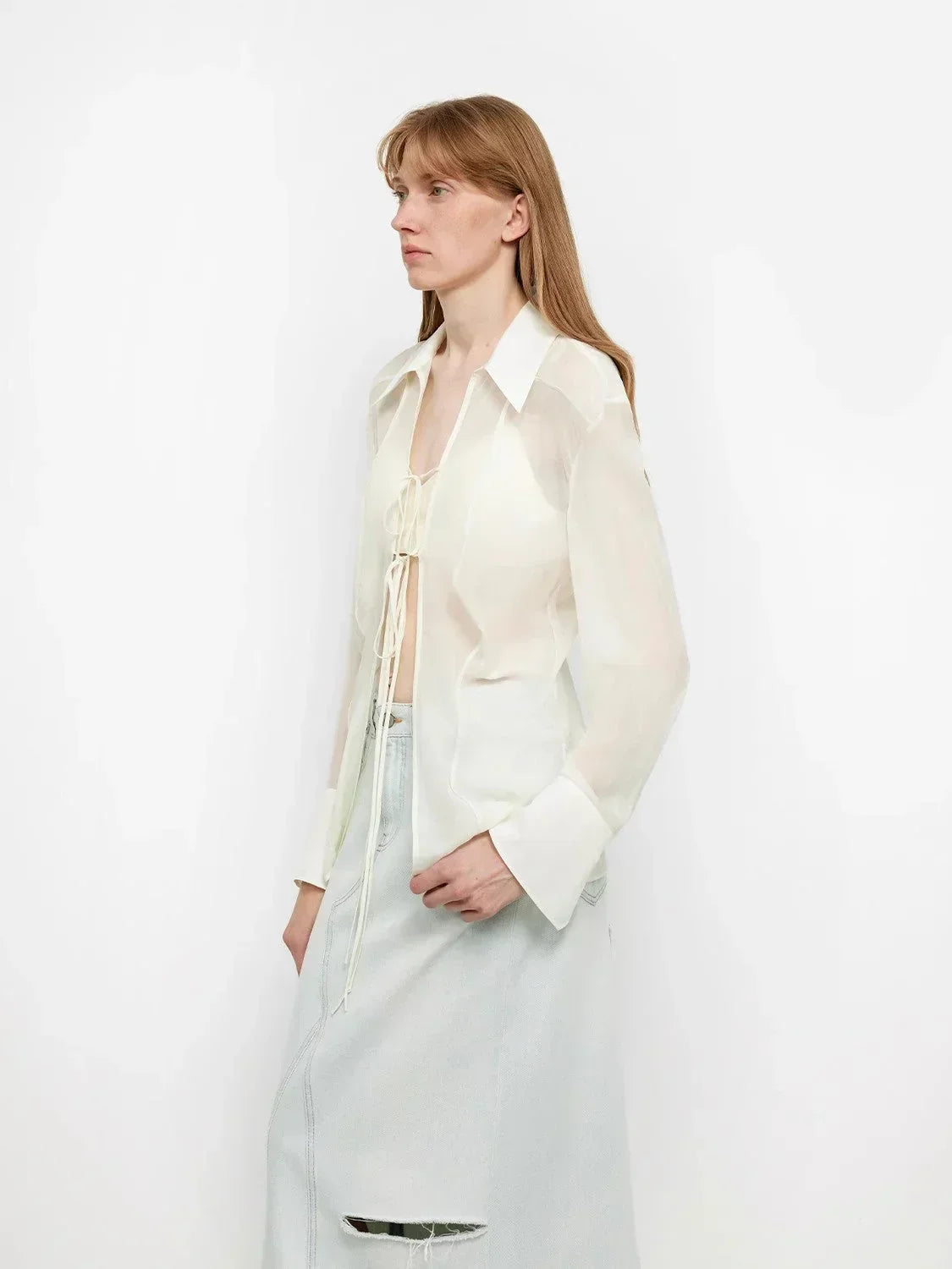 "Hazy Moonlight" Silk Chiffon Light and Hazy Feeling Cool Drape Lace-up Sun Protection Shirt Summer - Modz Designs