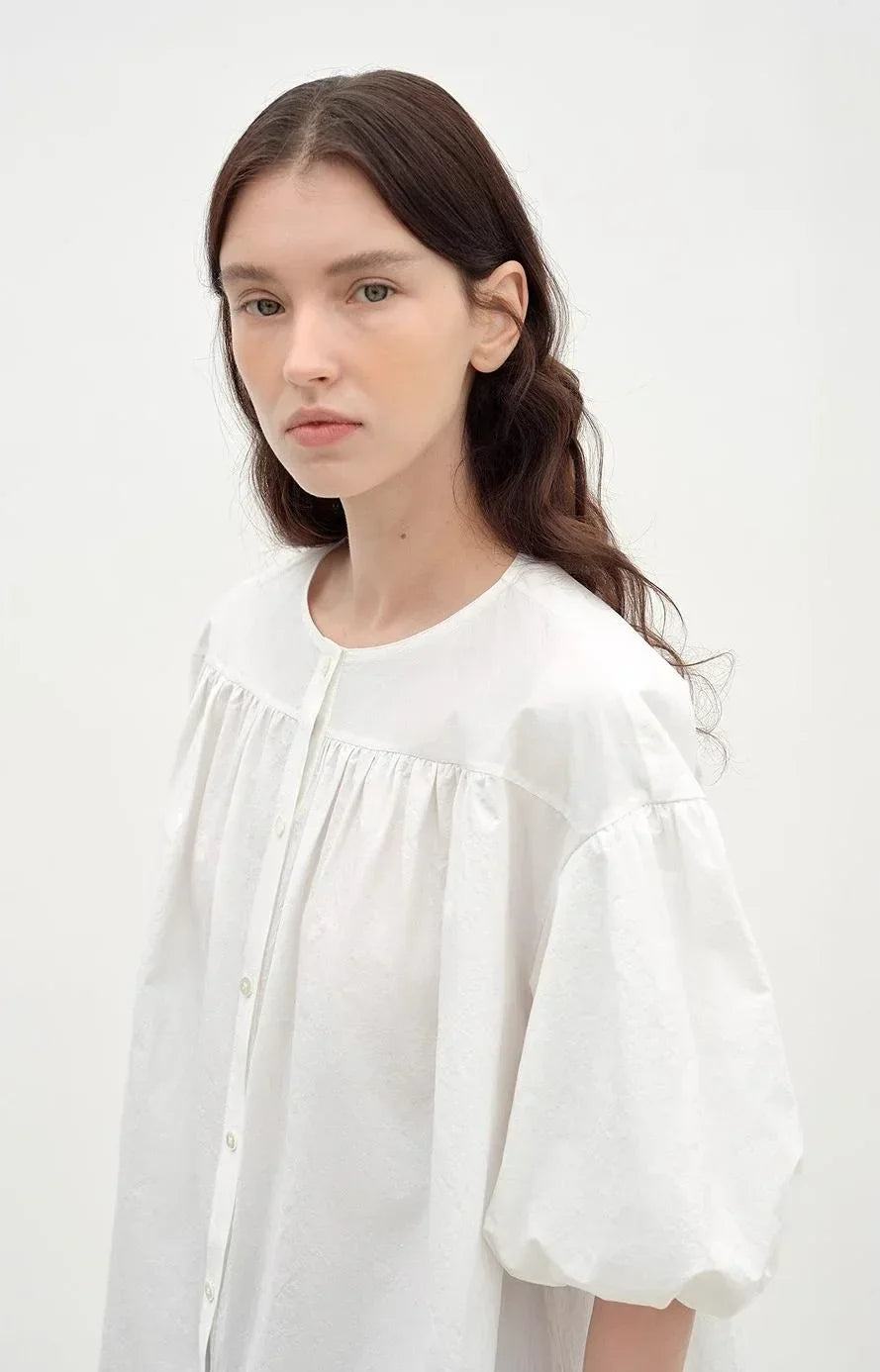 "Romantic Line Drawing" Pure Cotton Slightly Wrinkled Puff Sleeve Short Top for Women - Modz Designs