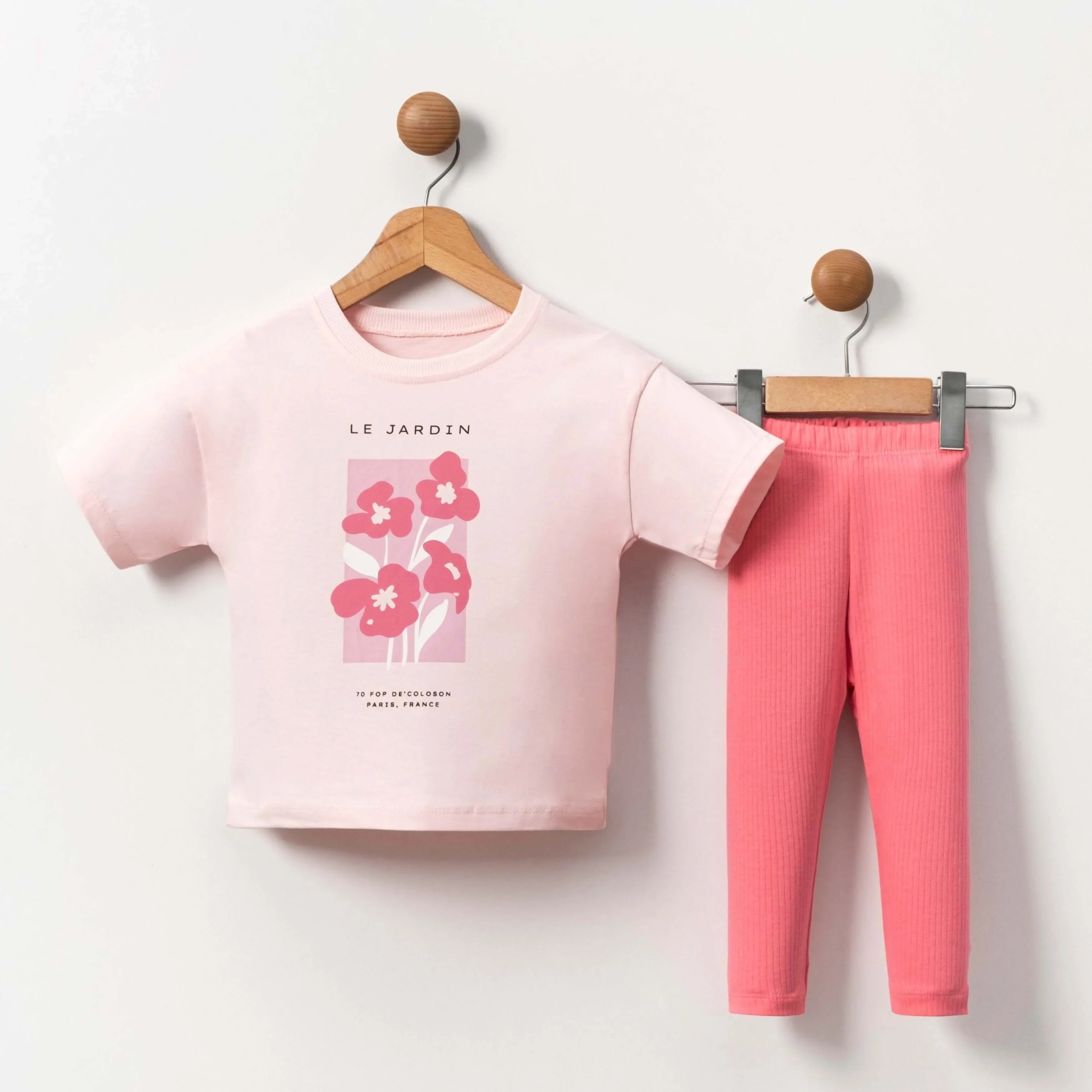 Le Jardin Girls Casual Set including a pink T-shirt with floral design and matching leggings for playful comfort.