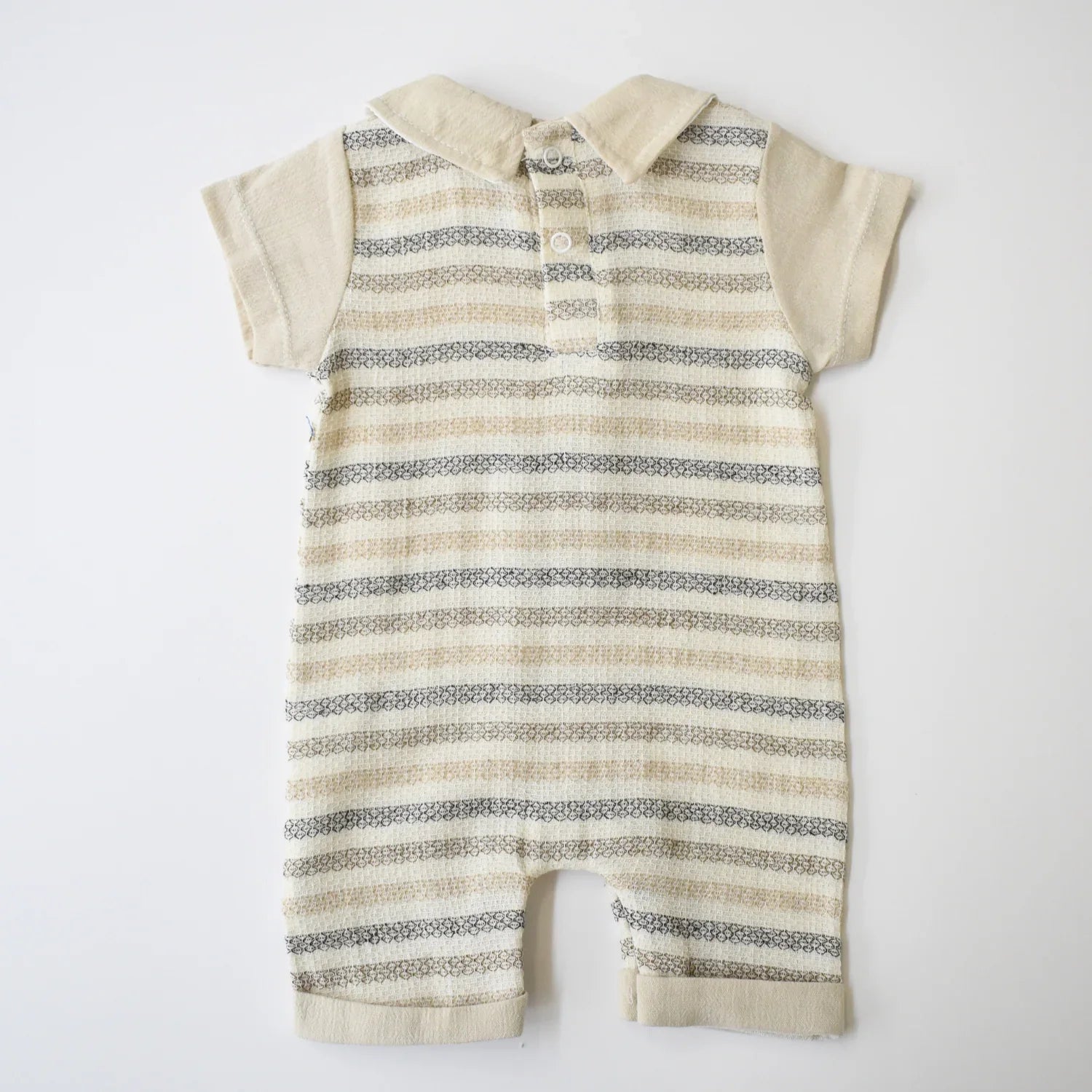 Striped Baby Dressy Overall for baby boys, featuring short sleeves and a classic striped pattern.