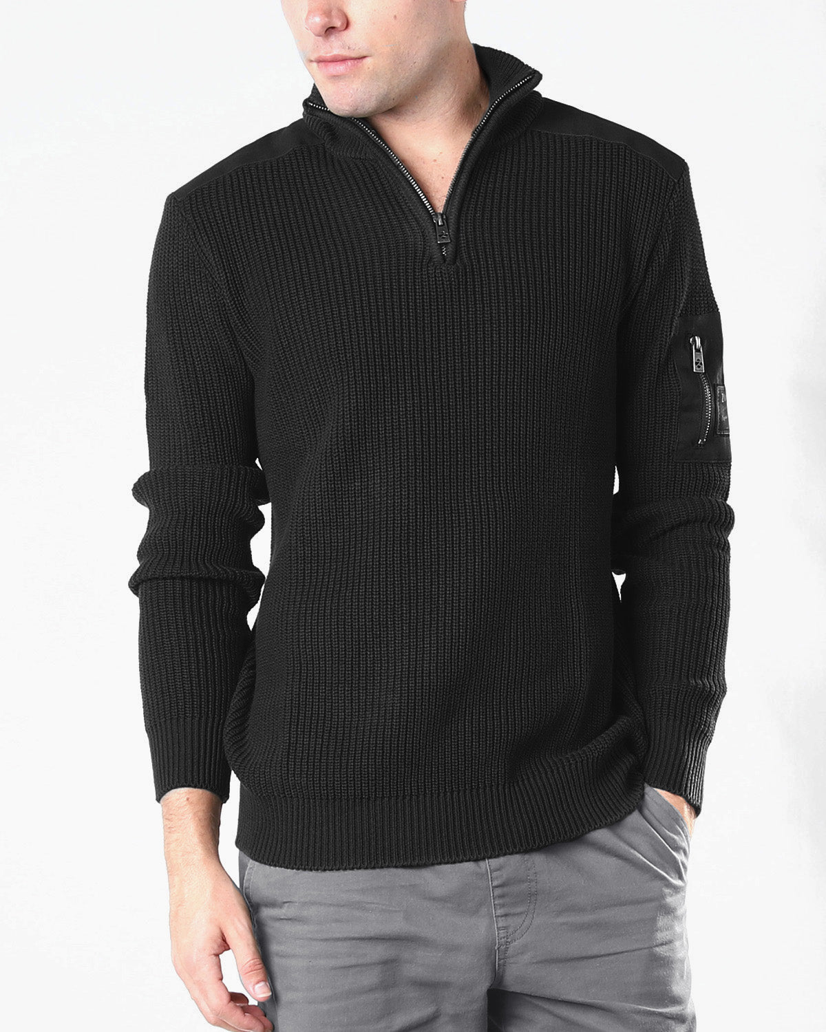 ZIMEGO Mens Long Sleeve Pullover Quarter Zip Mock Neck Polo Sweater in black worn by a man with a zip pocket on the arm.