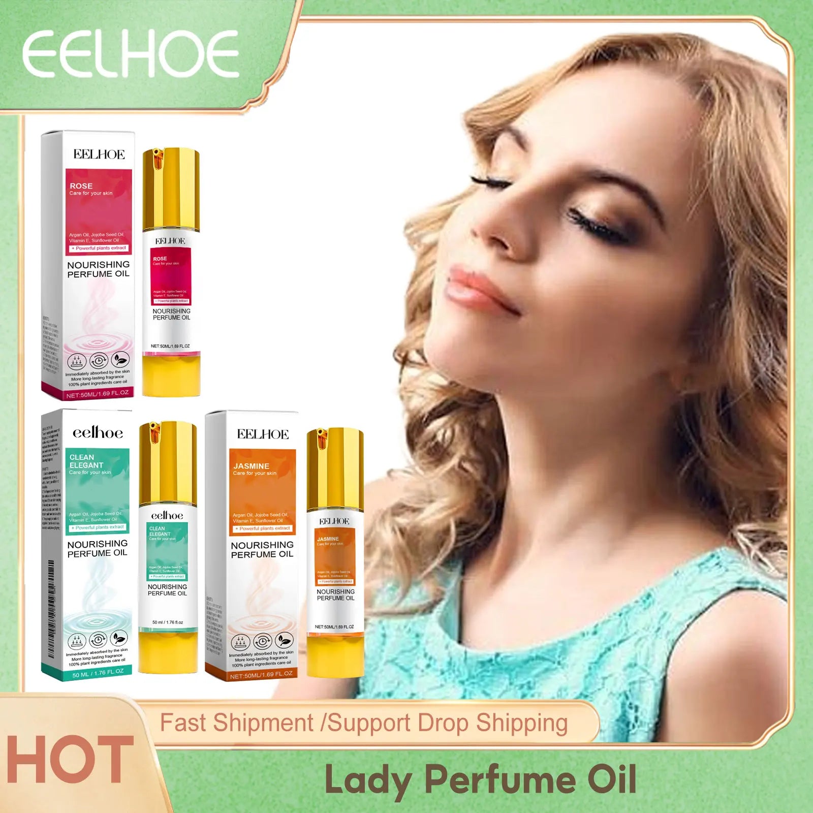 EELHOE Jasmine Rose Perfume showcased with nourishing perfume oils, highlighting floral elegance and femininity.
