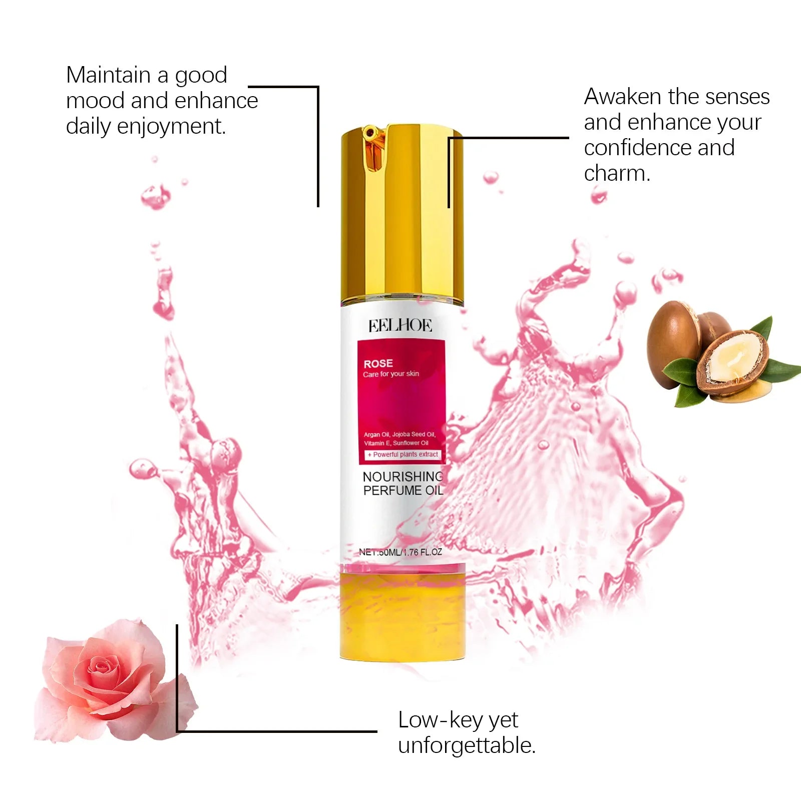 EELHOE Jasmine Rose Perfume in a bottle, surrounded by pink rose petals and a splash of water.