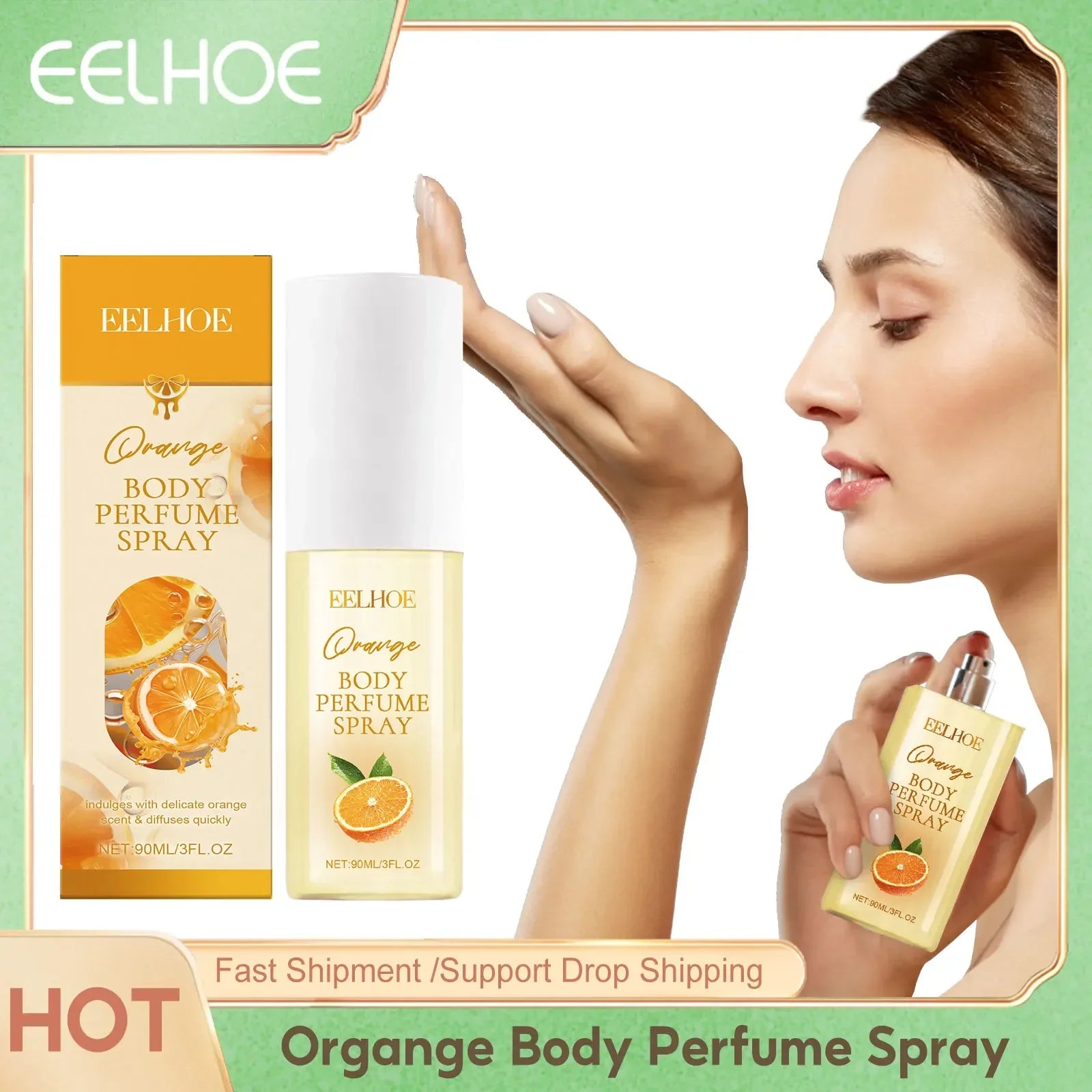 EELHOE Orange Body Perfume spray bottle and packaging with a woman applying fragrance.
