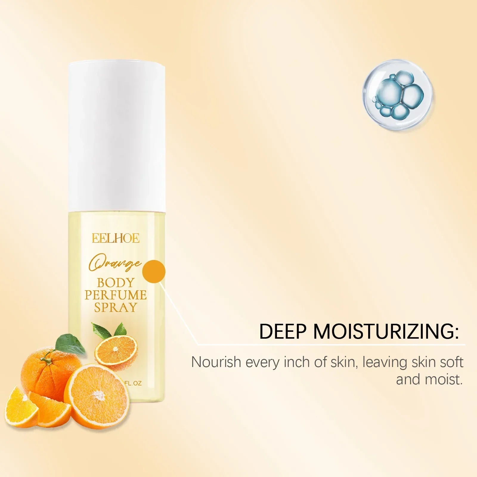 EELHOE Orange Body Perfume featuring invigorating orange fragrance in a 90ml spray bottle with moisturizing benefits.