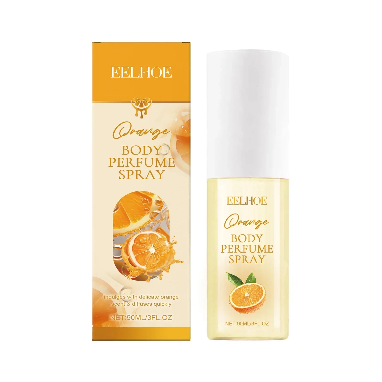 EELHOE Orange Body Perfume in a 90ml spray bottle with vibrant orange packaging.