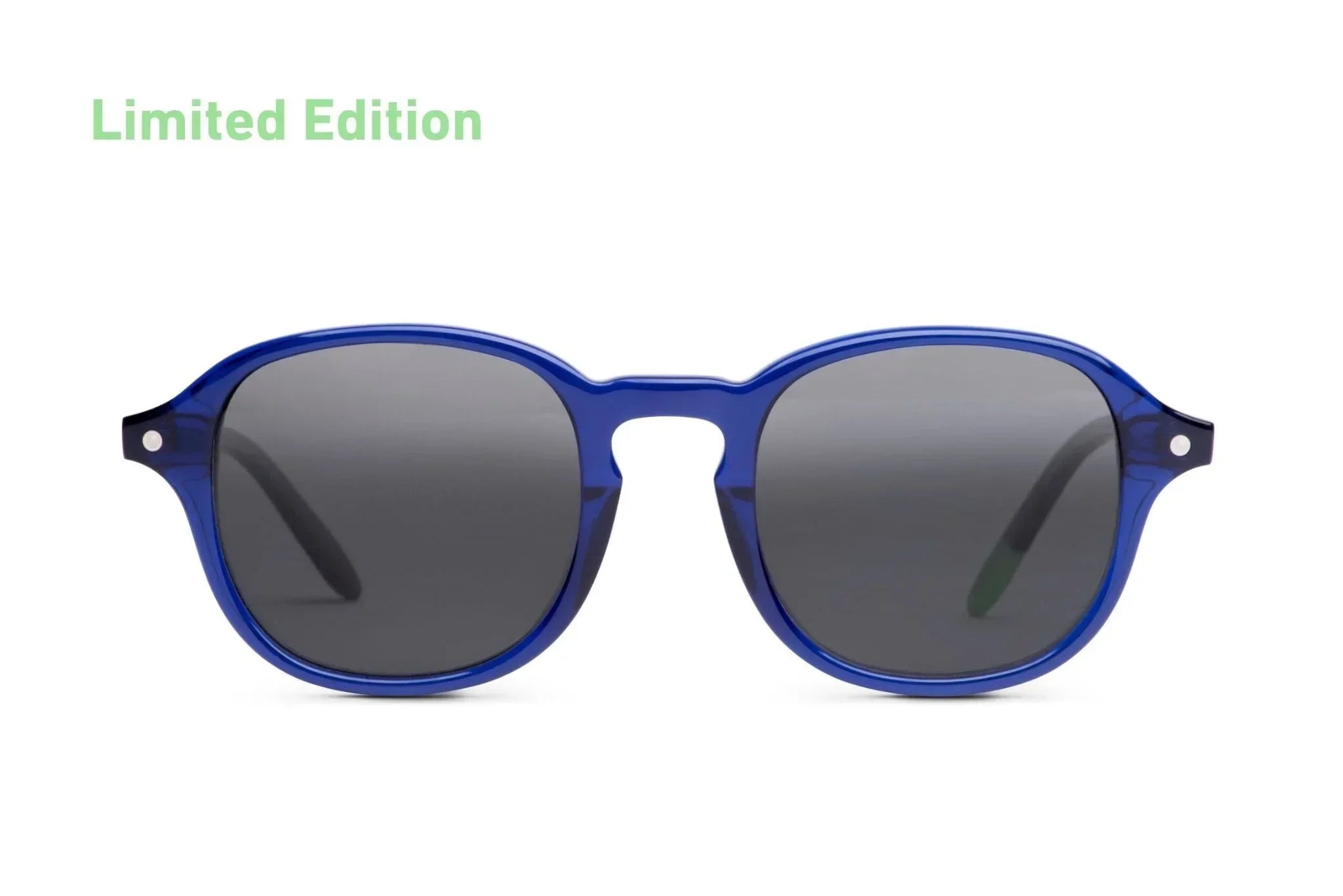 Limited edition indigo blue round sunglasses with dark lenses on white background