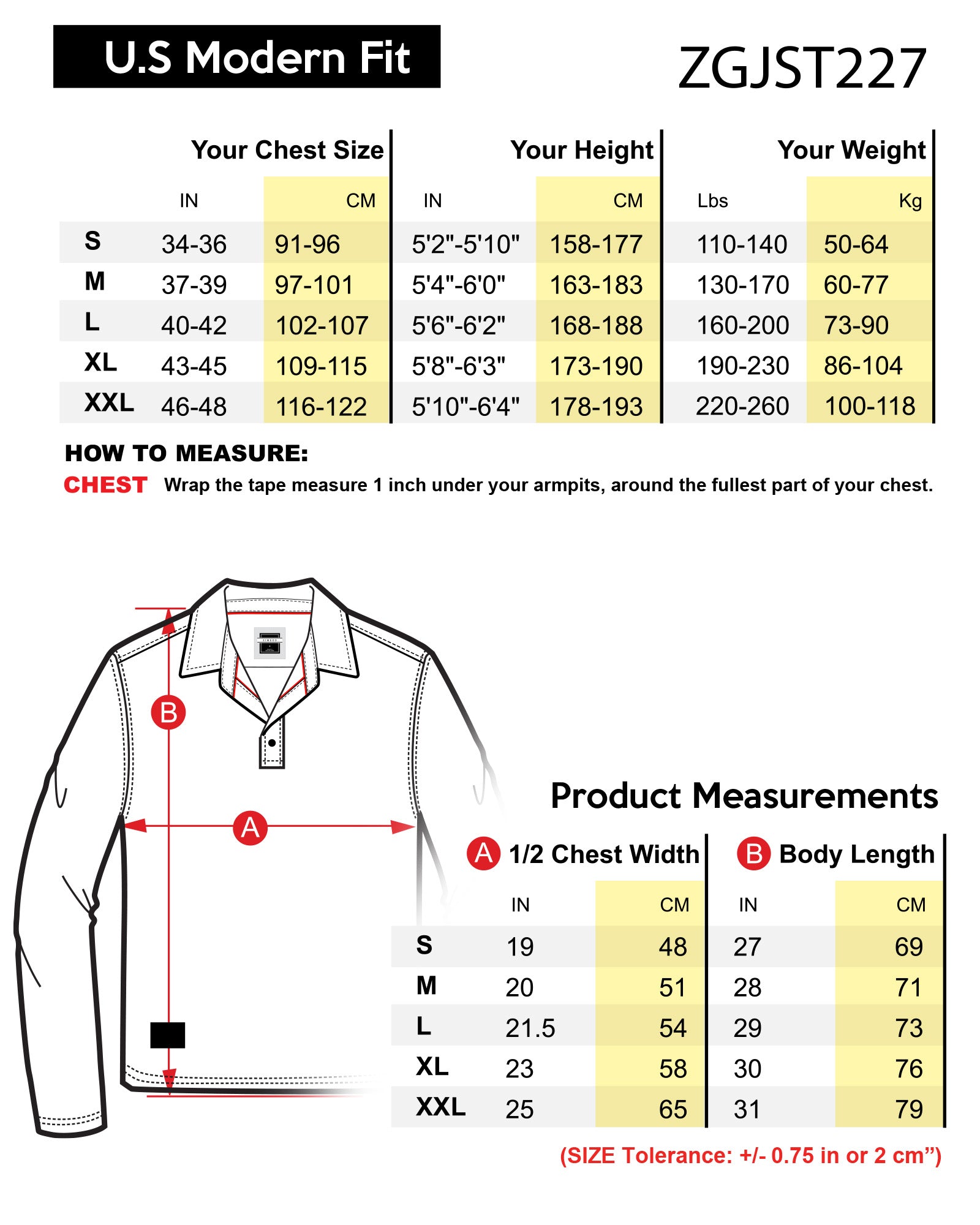 ZIMEGO Mens Long Sleeve Golf Polo Stretch Office Casual Holiday T-Shirt size chart with U.S Modern Fit measurements.