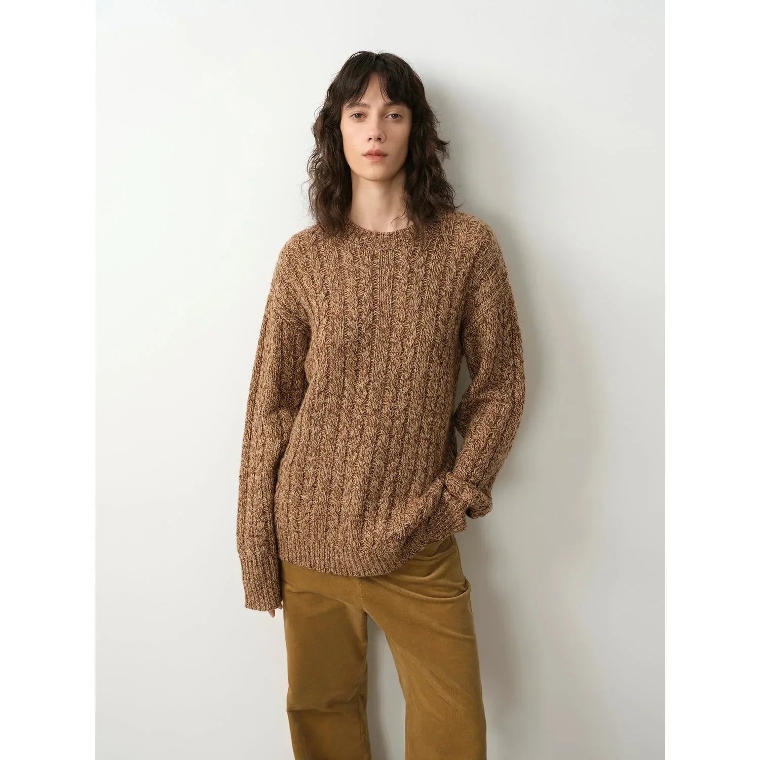 "Thousand Islands Forest Club" Cable-cut Round Neck Wool Blend Slightly Wide Shoulder Sweater - Modz Designs