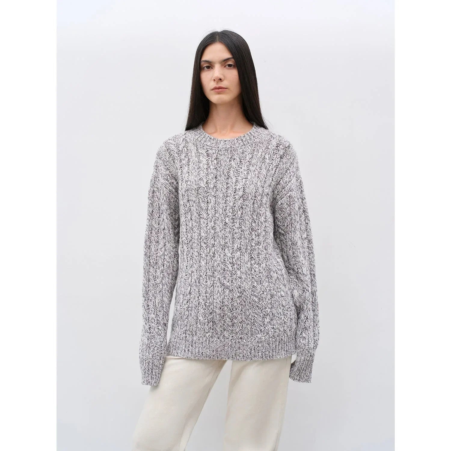 "Thousand Islands Forest Club" Cable-cut Round Neck Wool Blend Slightly Wide Shoulder Sweater - Modz Designs