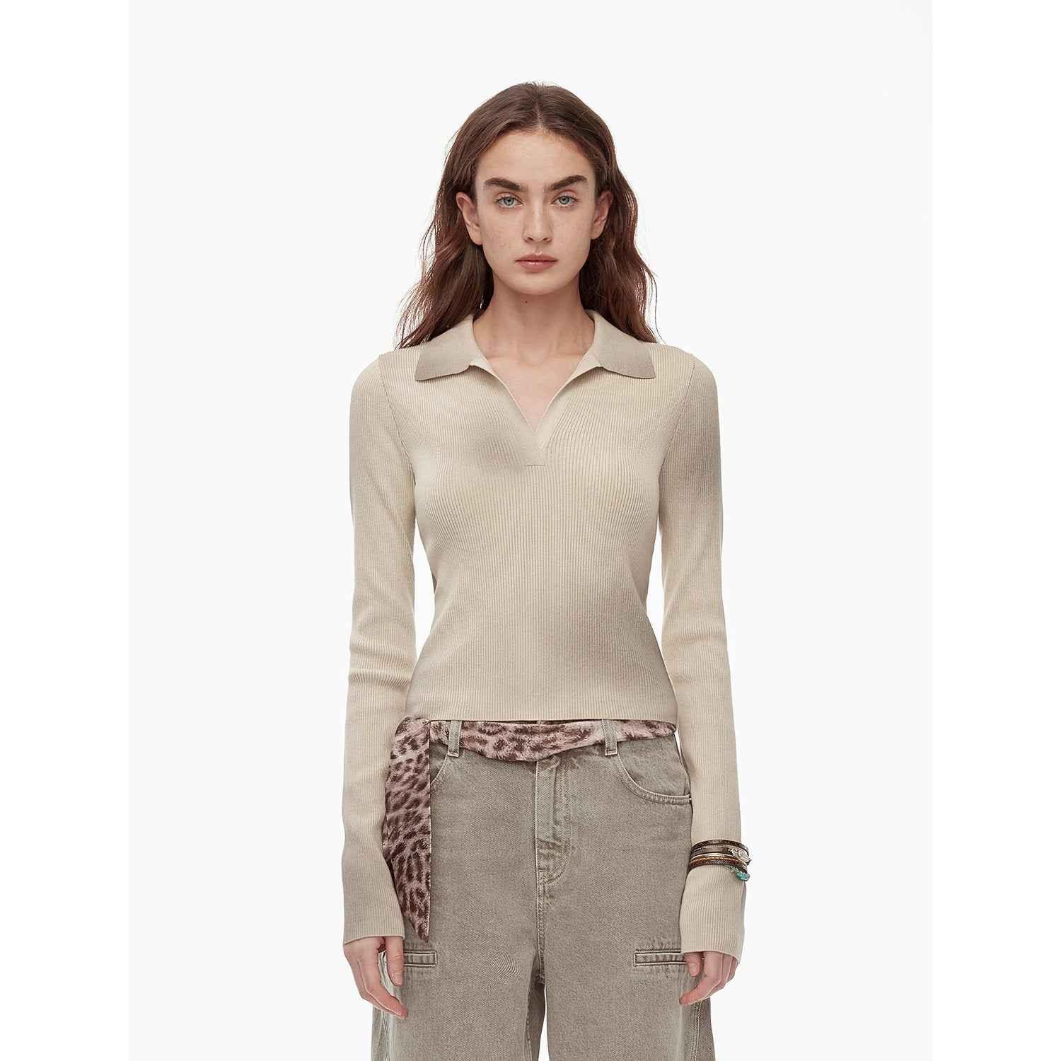 "Artistic Abstract" sfumato distressed printed merino wool waisted polo collar long sleeve short knit sweater - Modz Designs