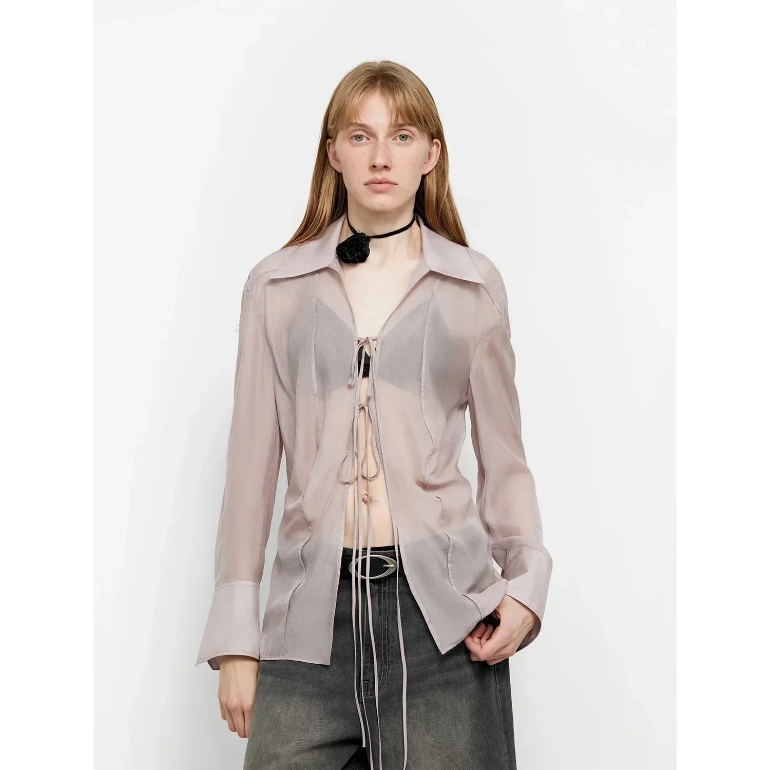 "Hazy Moonlight" Silk Chiffon Light and Hazy Feeling Cool Drape Lace-up Sun Protection Shirt Summer - Modz Designs