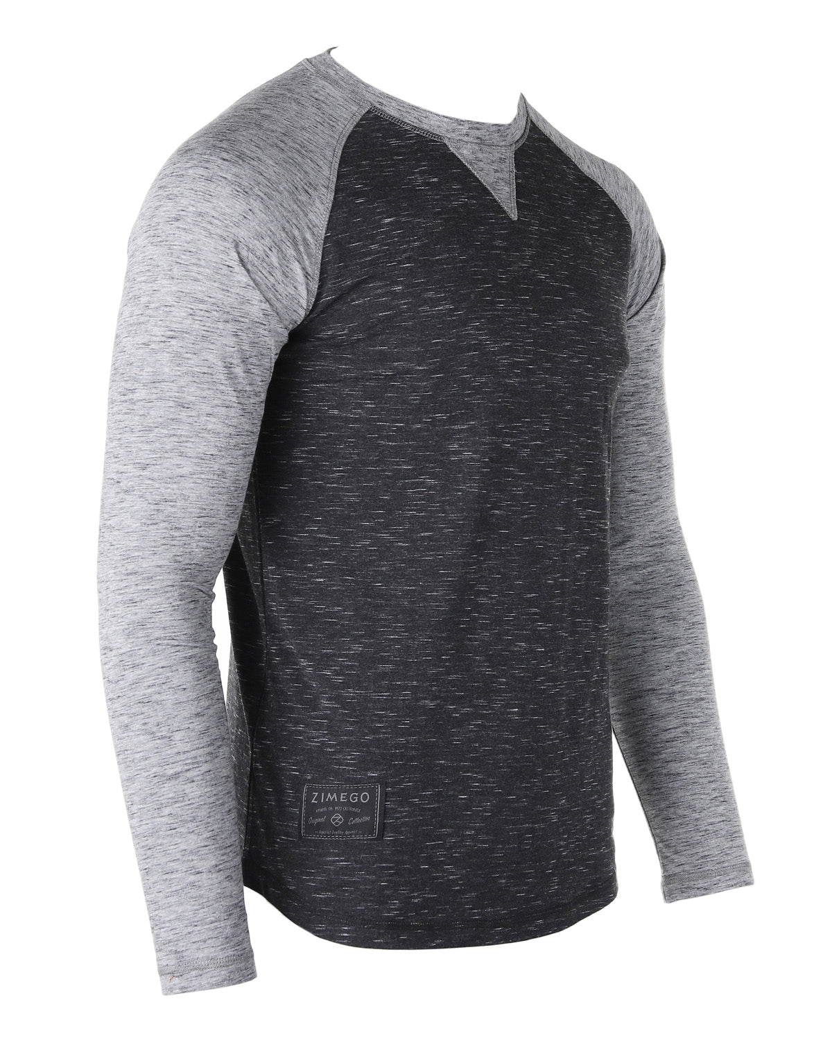 ZIMEGO Men Athletic Fit Baseball Retro Contrast Long Sleeve Raglan T-Shirt in gray and black with slim athletic fit.