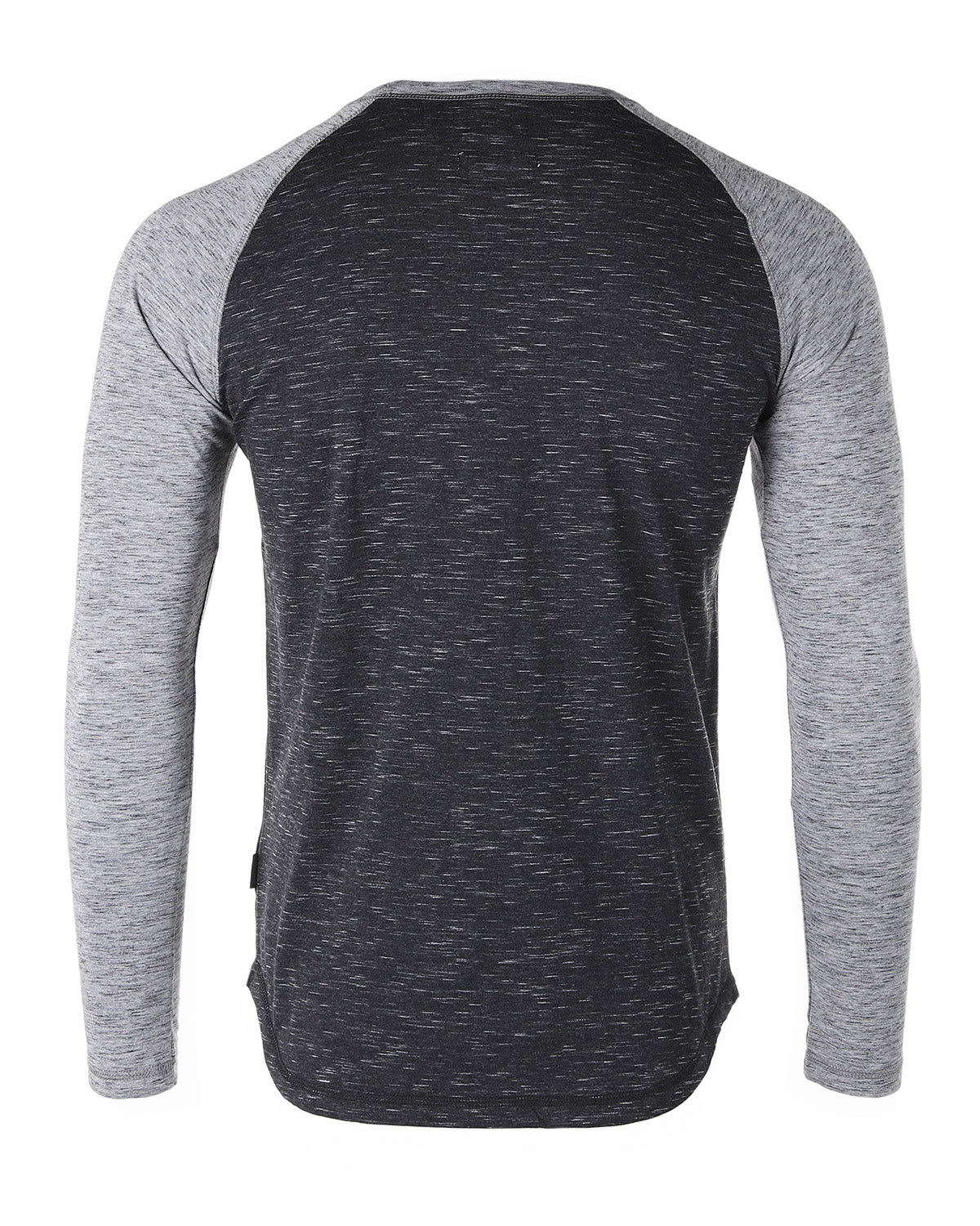 ZIMEGO Men Athletic Fit Baseball Retro Contrast Long Sleeve Raglan T-Shirt back view with grey sleeves and black body.
