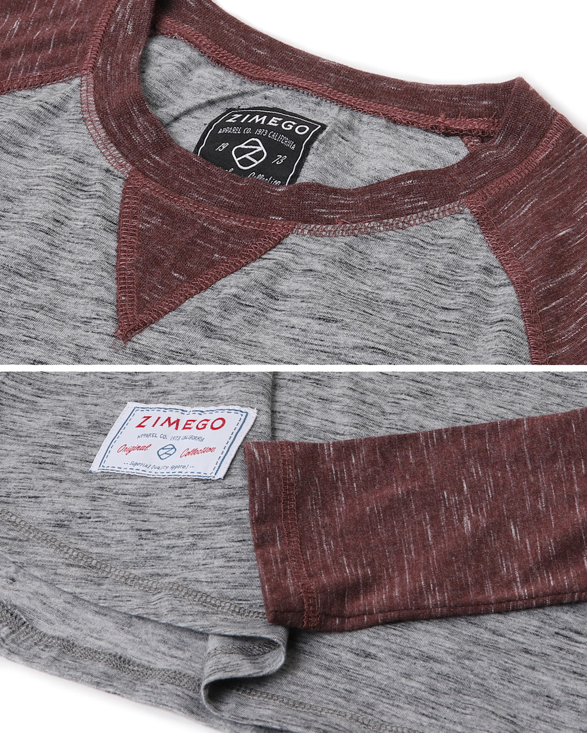 ZIMEGO Men Athletic Fit Baseball Retro Contrast Long Sleeve Raglan T-Shirt close-up showing fabric details and brand label.