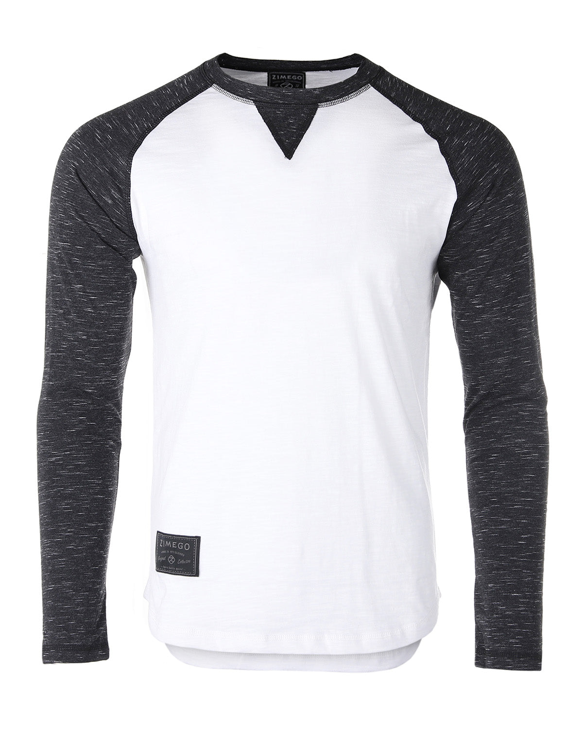 ZIMEGO Men Athletic Fit Baseball Retro Contrast Long Sleeve Raglan T-Shirt in white and black, showcasing modern design and comfort.