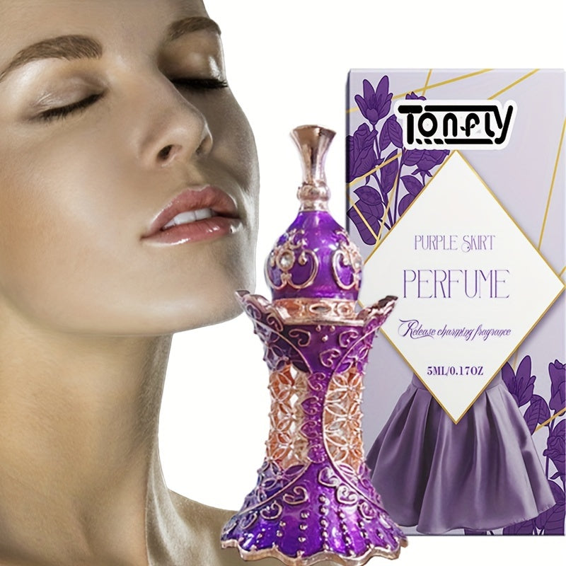 NNETM Purple Skirt Perfume Floral Fragrance displayed with a model, showcasing its elegant design and floral scent.