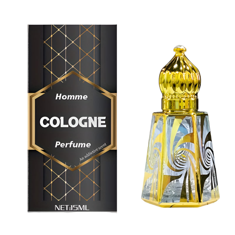 Homme Cologne Fresh Aromatic Perfume Oil bottle with decorative packaging, 15ml liquid format, perfect for daily use.