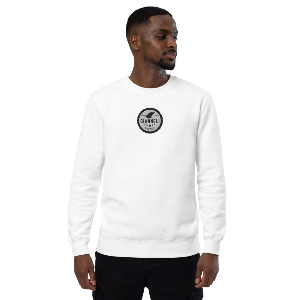 Gianneli Unisex Fashion Sweatshirt worn by a man, showcasing a stylish logo on a white sweatshirt.