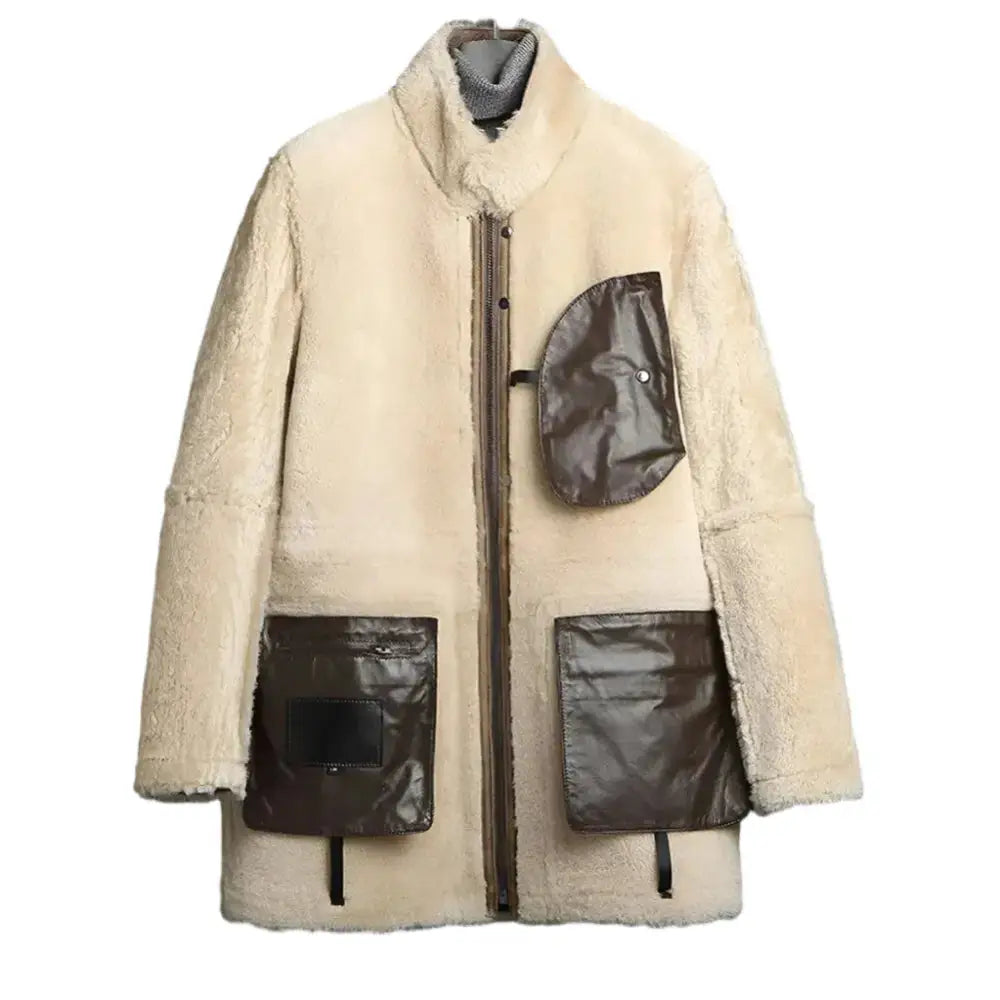Mens Shearling Winter Long Coat featuring a soft beige sheepskin design with multiple pockets for style and functionality.