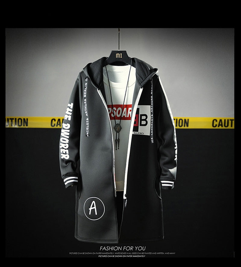 The North Fashion Long Coat Autumn Zipper Windproof Slim Windbreaker Mens Large Size Hip Hop Jackets Clothes Face