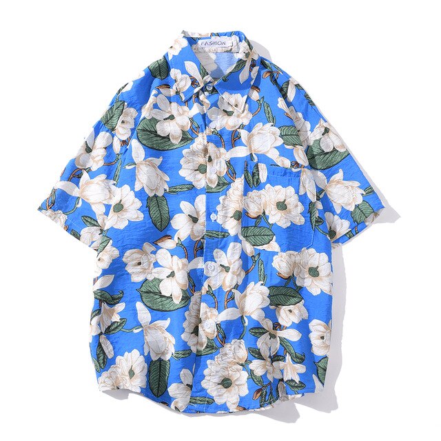 Summer Hip Hop Tops Korean Full Flowers Print Yellow Shirt Fashion Holiday Casual Mens Short Sleeve Hawaiian Shirts