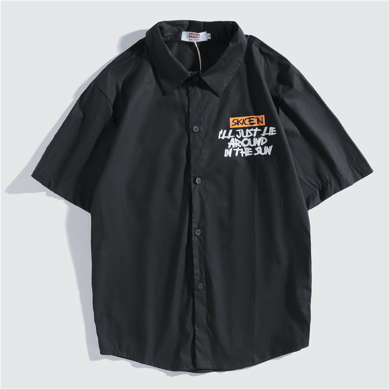 Japanese Style Cat Print White Shirts Mens Casual Short Sleeve Shirt Male Fashion Cotton Shirts Tops Clothing