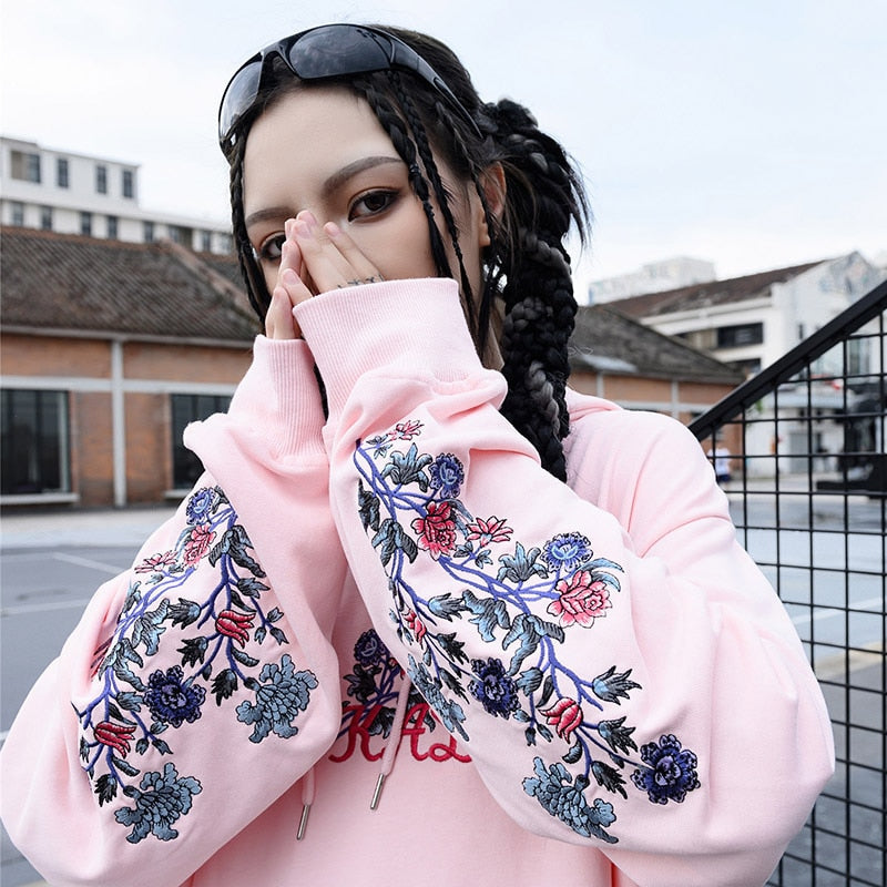 Mens Hip Hop Streetwear Hoodie Embroidery Flower Freaky Printed Sweatshirt Cotton Loose Floral Tops Fashion Hooded Pullover