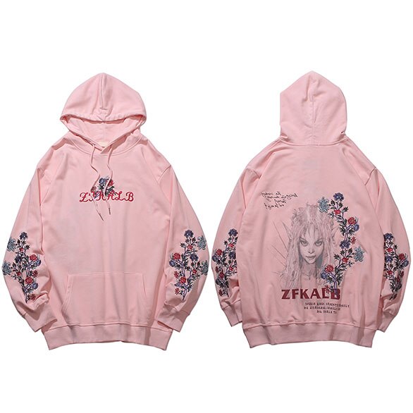 Mens Hip Hop Streetwear Hoodie Embroidery Flower Freaky Printed Sweatshirt Cotton Loose Floral Tops Fashion Hooded Pullover