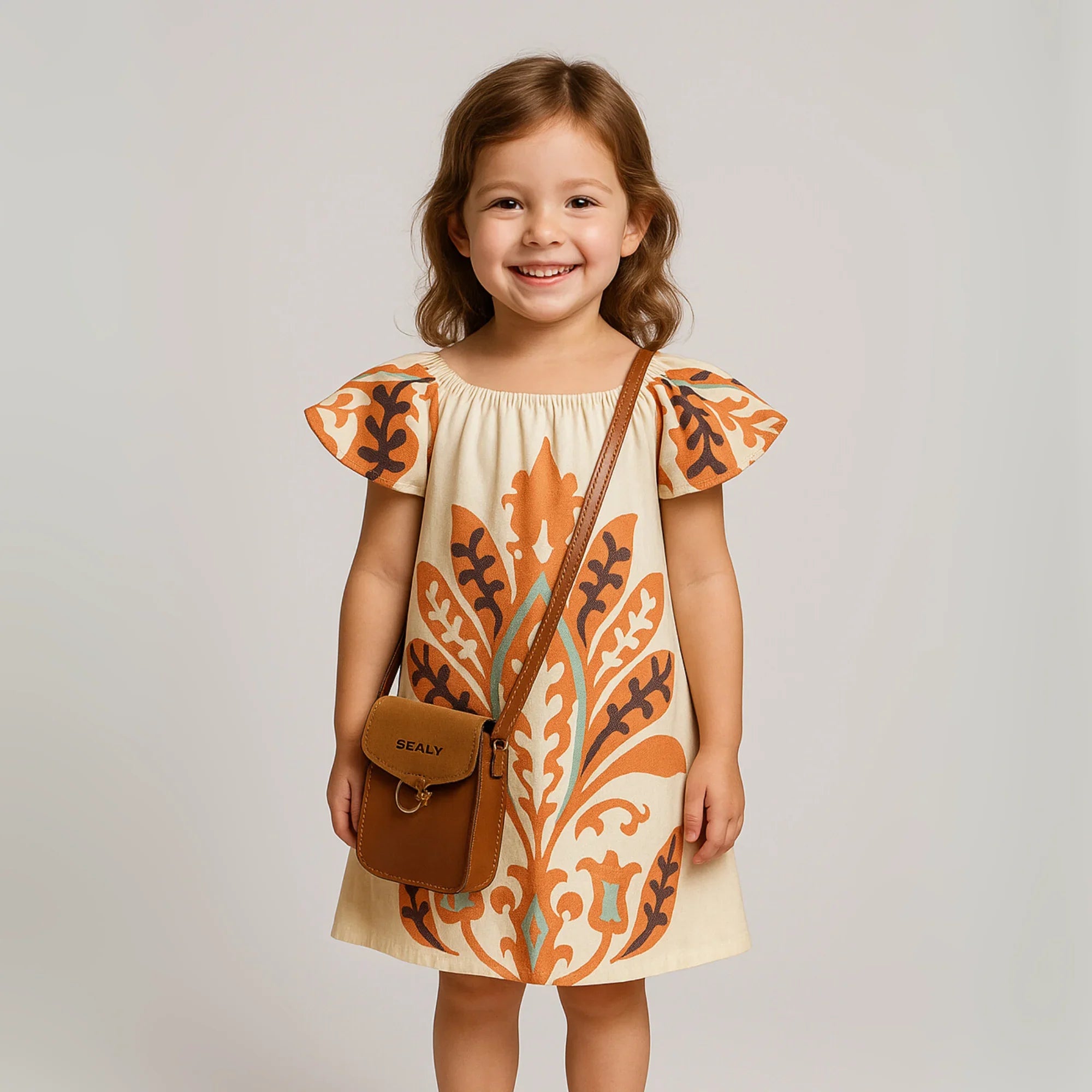 Tropical Isla Girls Linen Dress on a smiling girl featuring floral patterns and puffed sleeves.