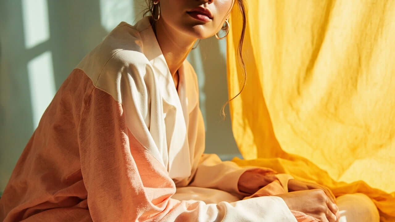 eco-friendly modern clothing in bright natural light with soft textures and vibrant colors