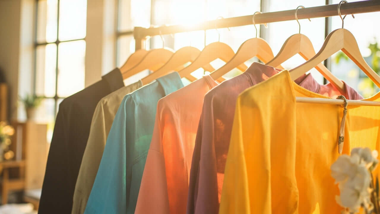 modern eco-friendly clothes on wooden hangers in bright natural light studio