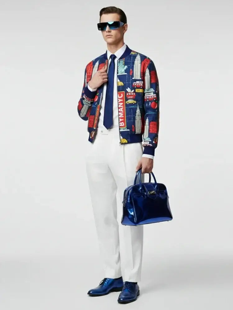 Fashionable Men's outfit featuring a colorful bomber jacket, white pants, and blue accessories.