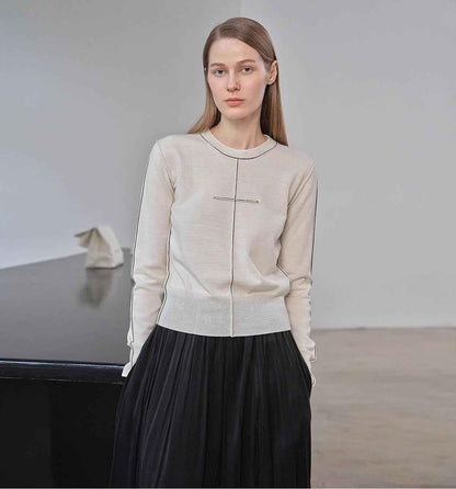 “Imbell"Imported Yangtze 30NM Contrast Stitch Wool Knit Skin-Friendly Short Top - Modz Designs