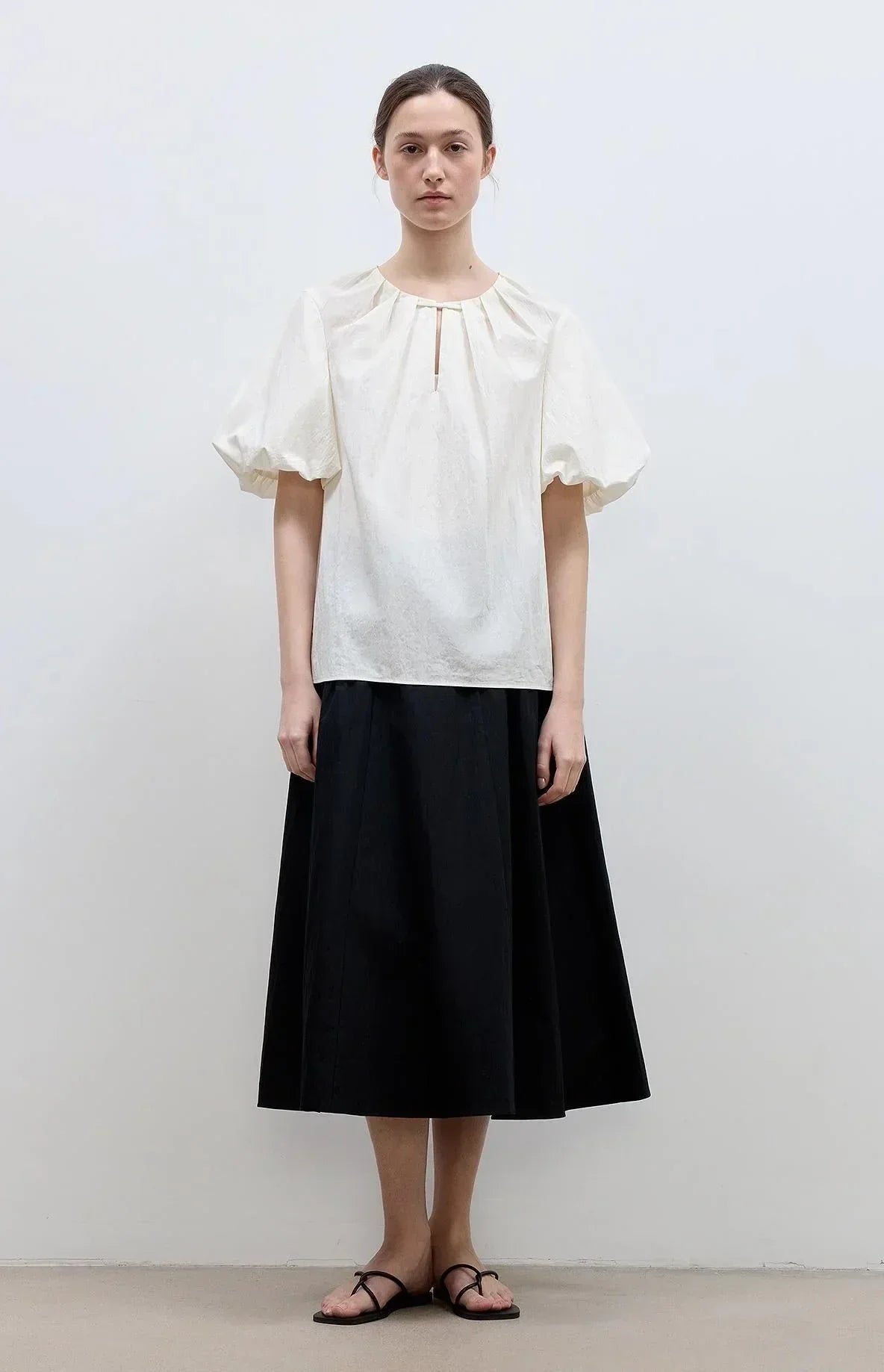 "Iceland Diary" neckline pleated design round neck tie puff sleeve short sleeve shirt for women - Modz Designs