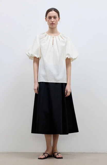 "Iceland Diary" neckline pleated design round neck tie puff sleeve short sleeve shirt for women - Modz Designs