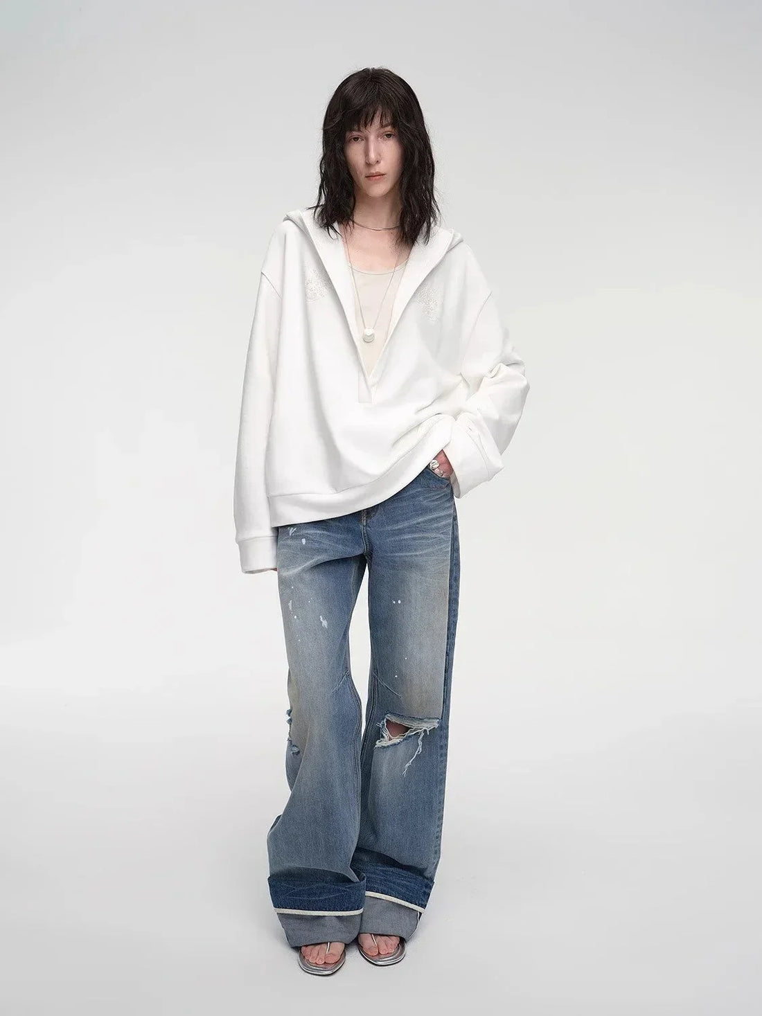 "Leisure Style" Handmade Rice Grain Embroidery Sequins Deep V Hooded Simple Profile Sweatshirt - Modz Designs