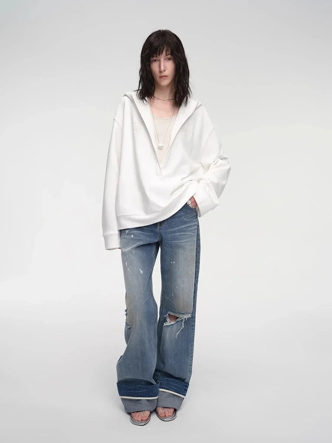 "Leisure Style" Handmade Rice Grain Embroidery Sequins Deep V Hooded Simple Profile Sweatshirt - Modz Designs