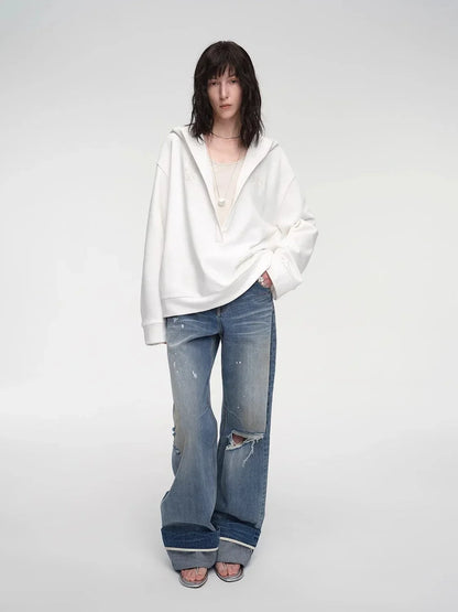 "Leisure Style" Handmade Rice Grain Embroidery Sequins Deep V Hooded Simple Profile Sweatshirt - Modz Designs