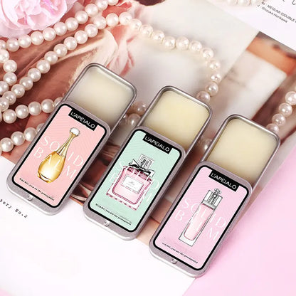 NNETM Portable Pocket Balm Solid Travel Perfume Men Women in elegant containers with perfume graphics.