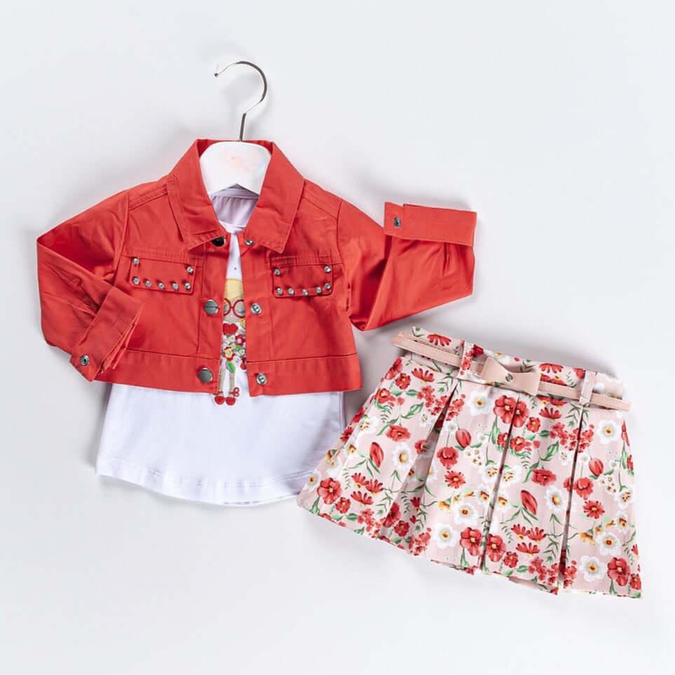 girls casual outfit set Cubana Nana Girls Casual Set featuring a knit cotton blazer, embroidered t-shirt, and floral skirt.