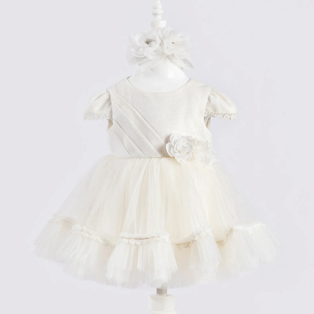 Bright Flower Girls Formal Dress with tulle skirt, lace trim, and floral embellishments.