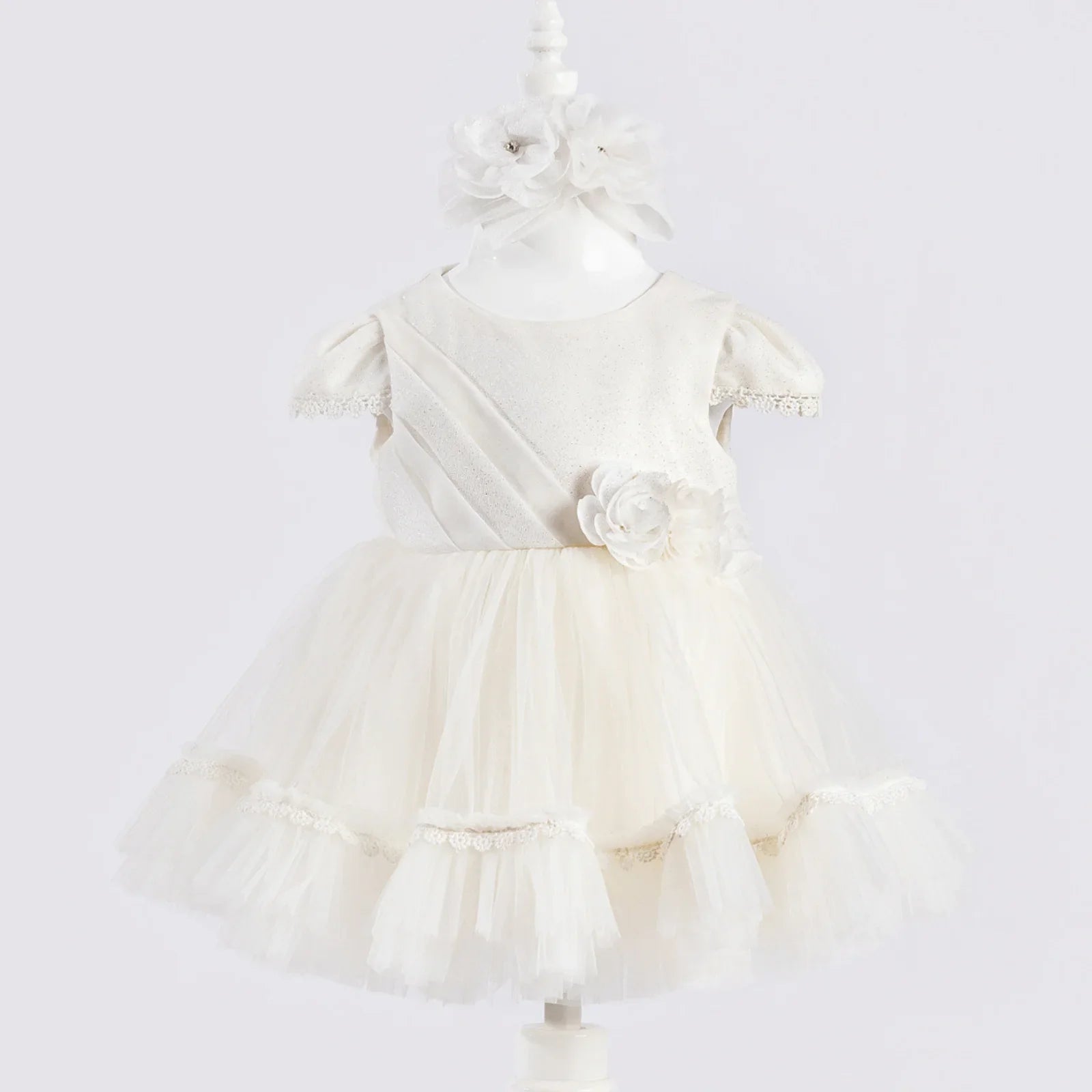 Bright Flower Girls Formal Dress with tulle skirt, lace trim, and floral embellishments.