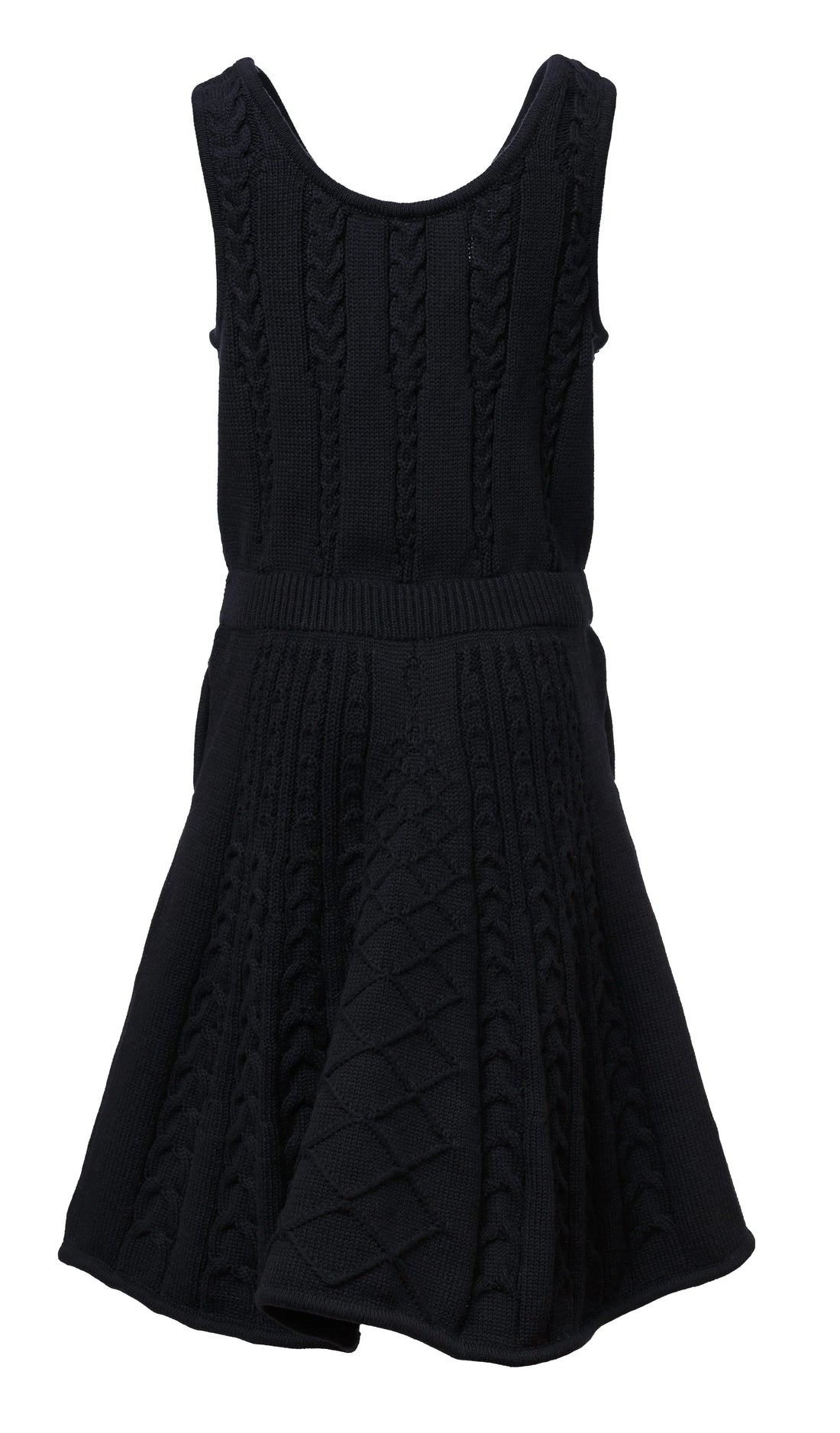 Black Cable Knit Dress for Girls, a sleeveless midi dress with intricate cable knit patterns.