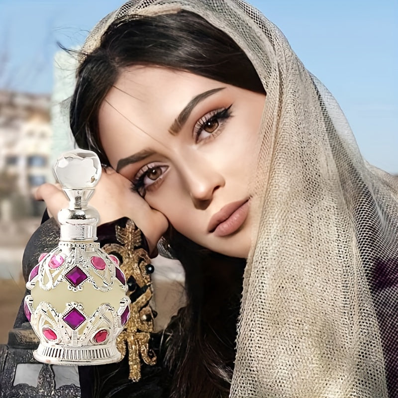 Luxury Dubai Floral Perfume Oil for Women in an elegant bottle with a woman wearing traditional attire.