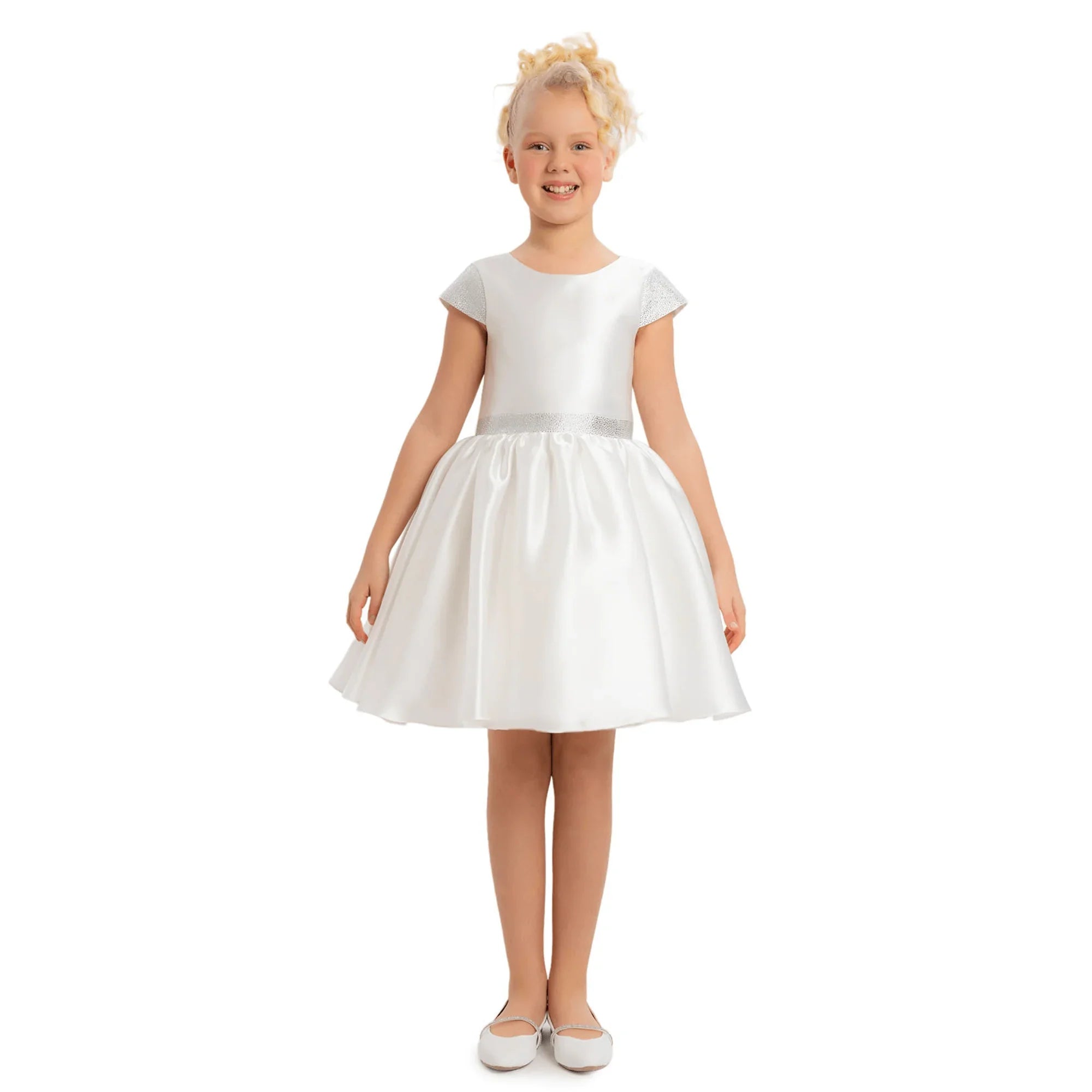 Girls Dress Pure Radiance Girls Formal Dress showcased on a smiling girl in a stunning organza design, perfect for special occasions.