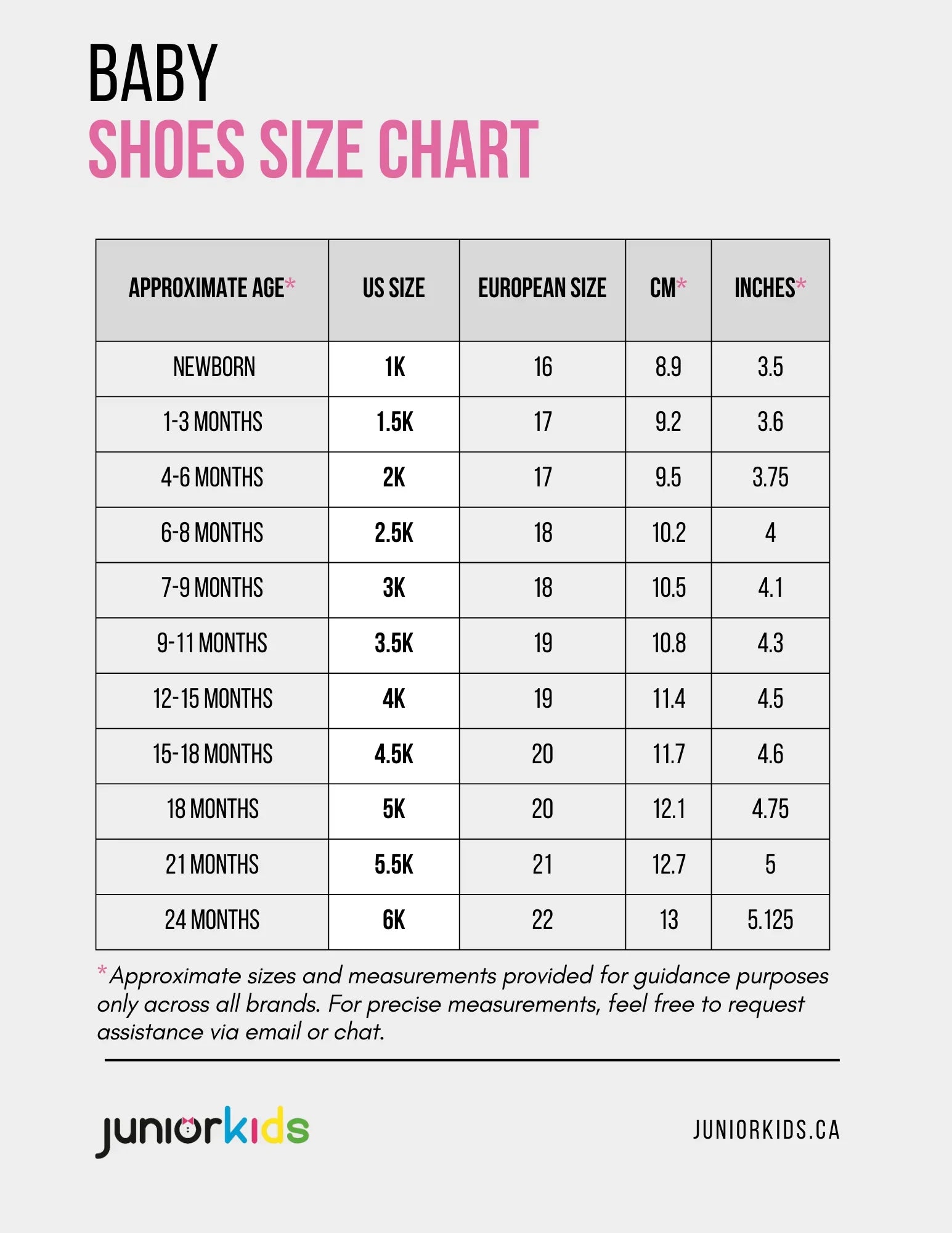 Baby shoes size chart showing US sizes, European sizes, and corresponding measurements in cm and inches.