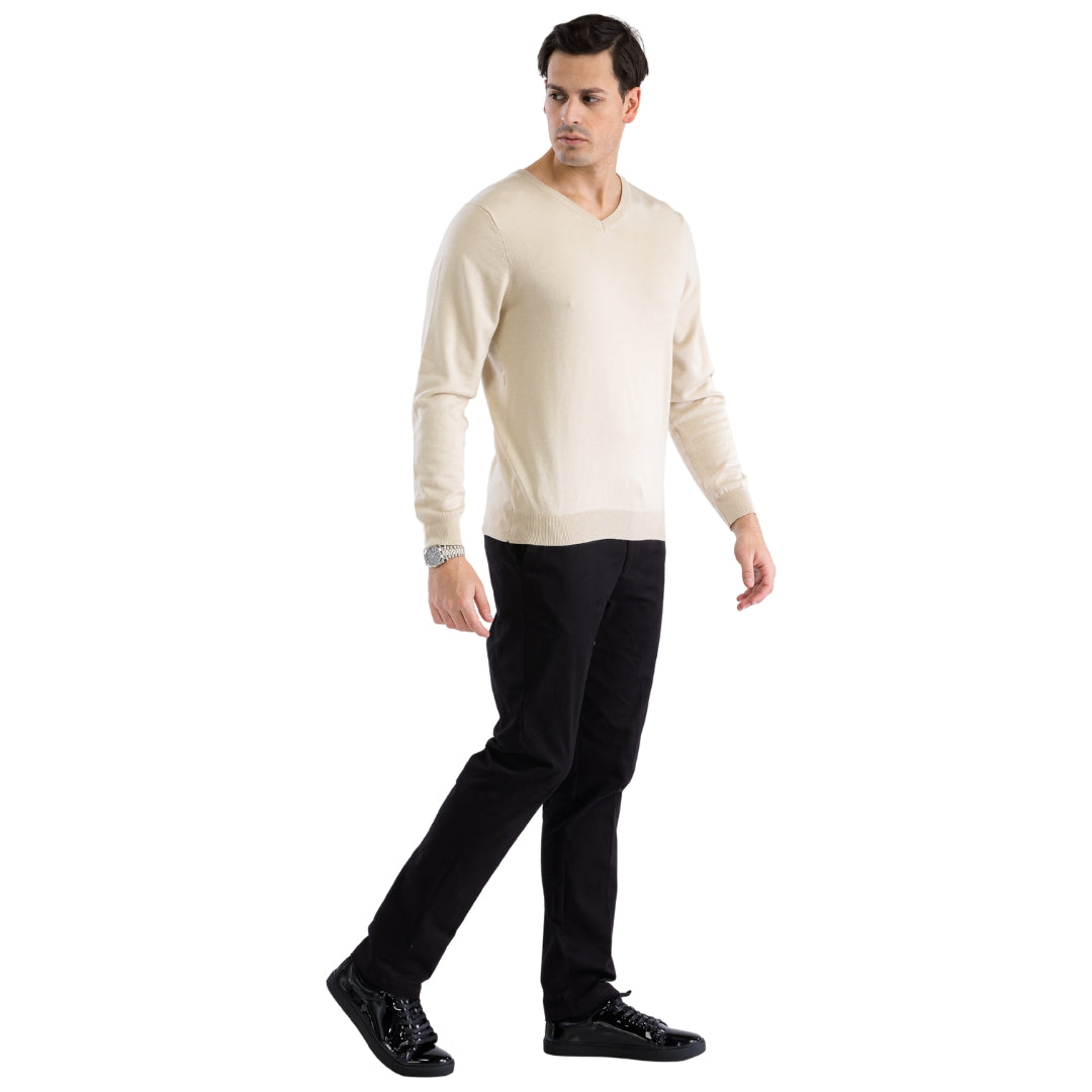 Sam Jacobi Mens Pullover Beige Knitted Sweater V-neck Stylish Knitwear Long Sleeve Casual Slim Fit worn by a model