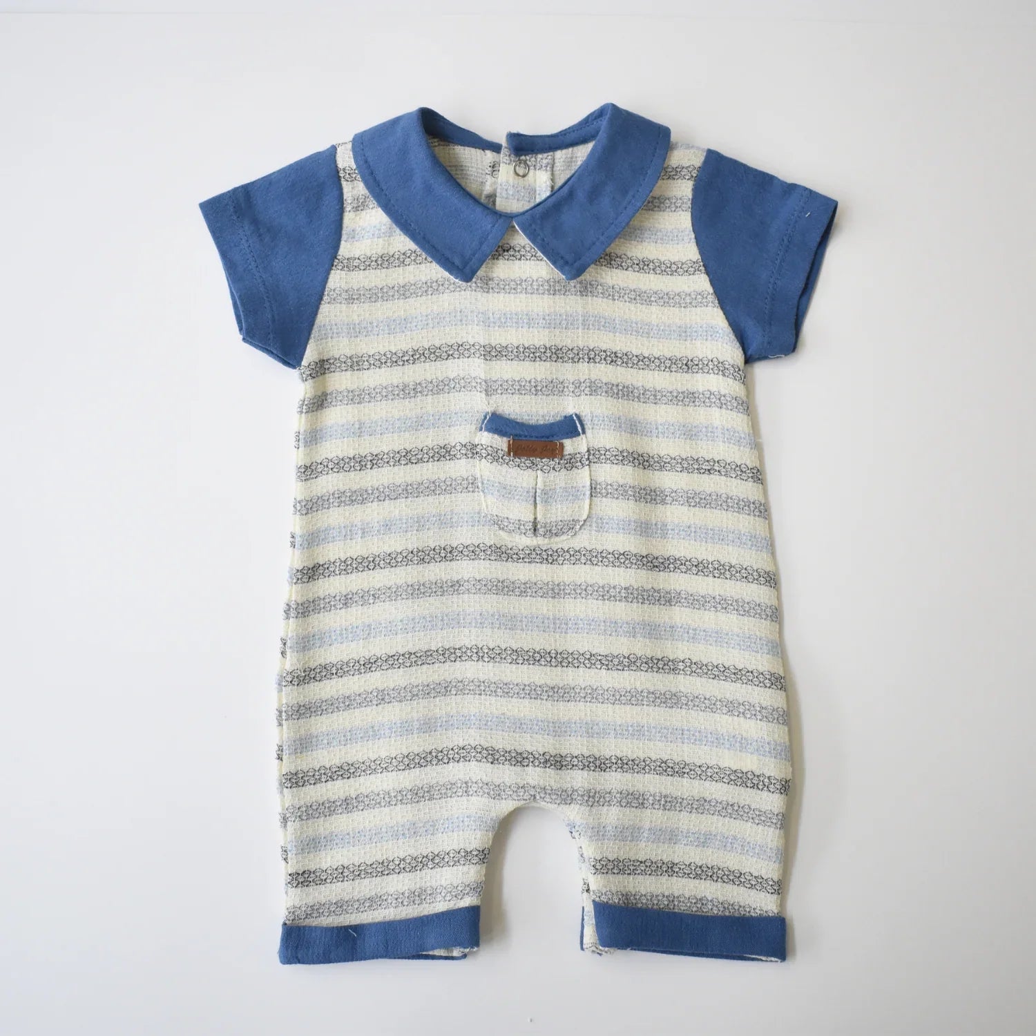 Striped Baby Dressy Overall in blue and grey stripes with short sleeves and front pocket.