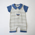 Striped Baby Dressy Overall in blue and grey stripes with short sleeves and front pocket.